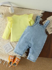 SHEIN 2pcs Baby Girls Denim Overalls Cute Yellow Blue Bee Flower Embroidery Ruffle Flutter Sleeve Birthday Party Fall White Top Birthday Girl Ribbed Knit - Yellow - View 2