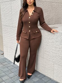 Easura Atasan Rajut Bertekstur Wanita Plus Size untuk Musim Gugur dan Dingin, Elegan untuk Ngantor, Kerah V, Kancing Depan, Pinggang Ramping, Dipadukan dengan Celana Flare - Coklat - View 8