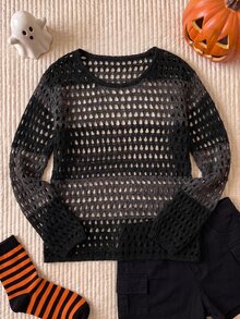 Comfortcana Plus Size Mesh Hollow Out Pullover Sweater - Black - View 8