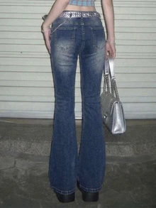 DAZY Celana Jeans Denim Vintage Wanita Warna Biru Tua Pudar dengan Detail Usang, Pinggang Rendah, Dekorasi Rivet, Potongan Slim Fit, dan Kaki Mengembang - Biru - View 2