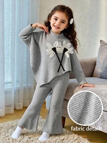SHEIN Playful Pals Infant Girls Spring Autumn Winter Casual Family Matching T-Shirt Set Asymmetrical Pullover High Neck Brushed Grey Light Grey Ribbed Fabric 3D Flower - Grey - View 4