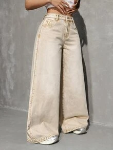 SHEIN Tall 女款高腰寬鬆純色長版牛仔褲 日常約會米色秋季Y2K街頭風牛仔褲 - 卡其色 - 查看 6