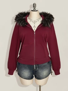 SHEIN ICON Plus Size Women Y2K Retro Fur Collar Patchwork Regular Sweatshirt Jacket With Pocket - Burgundy - View 3