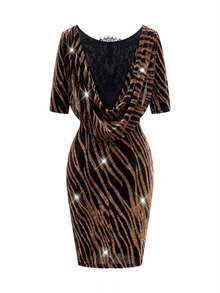 SHEIN Clasi Women's Zebra Print Mesh & Lace Patchwork Backless Cowl Neck Short Sleeve Fitted Bodycon Mini Dress - Black and Gold - View 7