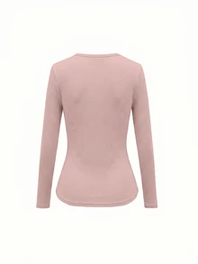 SHEIN 女款V領長袖純色極簡百搭休閒T恤 - 藕粉色 - 查看 2