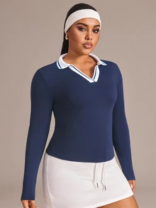 Rhythm Era Women's Plus Size Minimalist Colorblock Collar Long Sleeve T-Shirt - Navy Blue - View 6