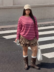 Comfortcana Plus Size Korean Style Minimalist Striped Colorblock Long Sleeve Crew Neck T-Shirt - Watermelon Pink - View 3
