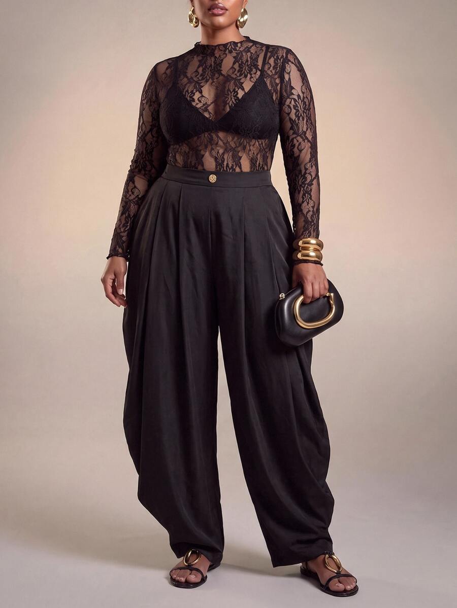 Zivah Plus Size Sexy Lace Sheer Top And Button Pleated Pants 2 Pieces Set - Black - View 1