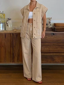 Livesso Autumn Apricot Lapel Button Pocket Decor Short Denim Jacket & Wide Leg Denim Pants Set - Apricot - View 2