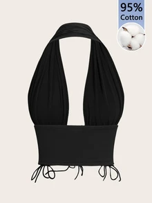 SHEIN ICON Going Out Tops Crossed Strap Halter Deep V-Neck Tank Top - Black - View 6