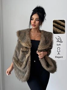 SHEIN Elenzya Elegant Faux Fox Fur Oversized Shawl Coat For Autumn/Winter Party And Holiday - Multicolor - View 4