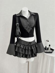 Elamini Áo blouse nữ tay dài phối patchwork họa tiết sọc, cổ sơ mi, cài cúc, xếp ly - màu đen - Xem 4