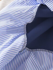 Sparklyn Tween女孩運動衫，大學休閒百搭通勤風，2合1襯衫領數位字母印花豹紋寬鬆版型 - 藍色 - 查看 4