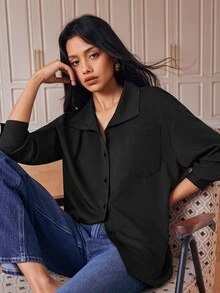 Écloséra Kemeja Lengan Panjang Klasik Gaya Eropa & Amerika Musim Semi Panas Baru Fashion Serbaguna Warna Polos Kerah Besar Elegan untuk Ngantor - Hitam - View 4