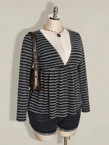 Women's Autumn/Winter New Hot-Selling Striped Print Pattern Casual Versatile Long Sleeve Plus Size T-Shirt - Multicolor - View 4