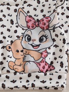 SHEIN Playful Pals 2件組幼女運動衫喇叭褲套裝，可愛白色粉色愛心豹紋兔熊荷葉邊蝴蝶結長袖圓領，適合假期秋季 - 彩色 - 查看 5