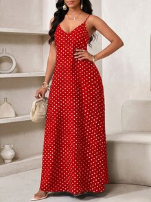 SHEIN Lady 女款波點印花口袋肩帶洋裝 - 紅白色 - 查看 4