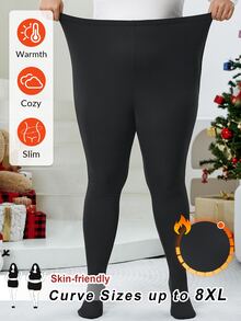 SHEIN CURVE+ سروال ضيق مبطن بالصوف الأسود السميك، مناسب للشتاء، مقاس كبير - الأسود - مشاهدة 2