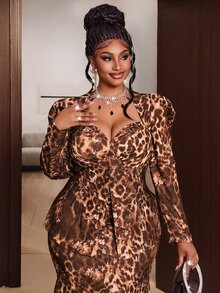 Maweii Set Kasual Atasan Lengan Panjang dan Rok Motif Leopard untuk Wanita Ukuran Besar - MultiWarna - View 4