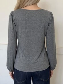 SHEIN EZwear 灰色針織女款半開襟鈕扣長袖T恤 - 深灰色 - 查看 3