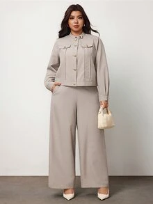 Enliva Plus Size Women's Two Pieces Pants Set Cropped Jacket High Waist Trousers Elegant Matching Outfit Flattering Compatible With Apple Shape - Khaki - View 3