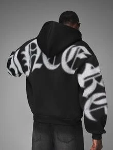 STYNVO 男士字母印花長袖口袋設計連帽衫 - 黑色 - 查看 4