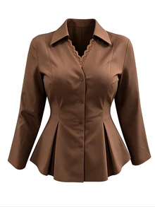 GlowEve CURVE Plus Size Collared Lace Trim Elegant Cinched Waist Ruched Long Sleeve Blouse - Brown - View 3