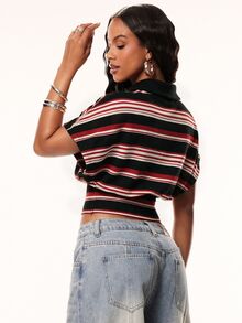 Denimoi Cinched Waist Collared Top Fashion Tops Striped Polo Summer Fashionable Streetwear Polo Shirt - Multicolor - View 6