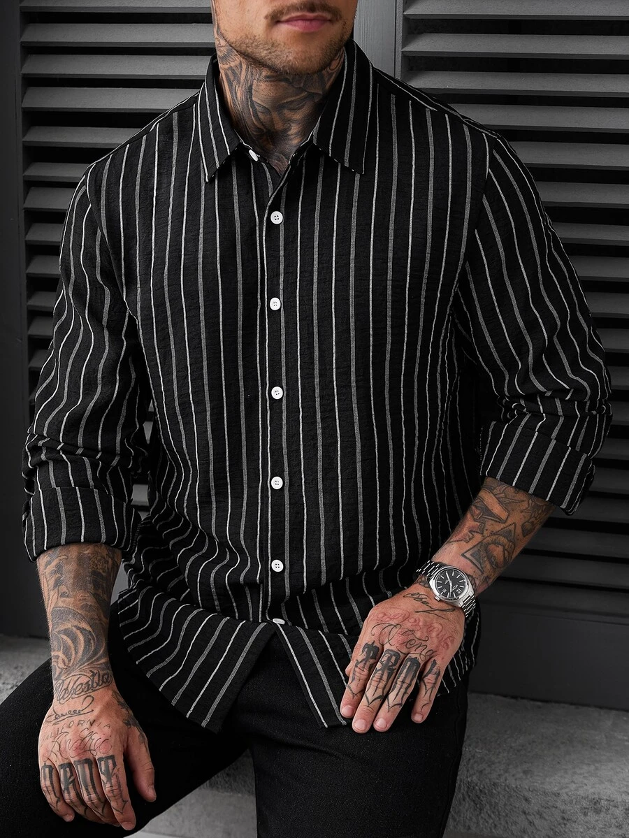 SLATEMANN 2026 Spring/Autumn Men Crinkle Vertical Striped Long Sleeve Collared Shirt, Loose Fit Black Button Down Casual Street Blouse2026 - Black - View 1