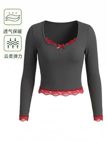 GlowEve Kaos Lengan Panjang Kerah Persegi dengan Hiasan Pita dan Renda - Dark Grey - View 1