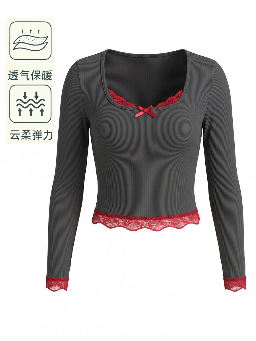 GlowEve Kaos Lengan Panjang Kerah Persegi dengan Hiasan Pita dan Renda - Dark Grey - View 1
