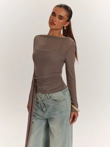 SHEIN BAE 2PCS Women Solid Tie Waist Long Sleeve Tops - Coffee Brown - View 5