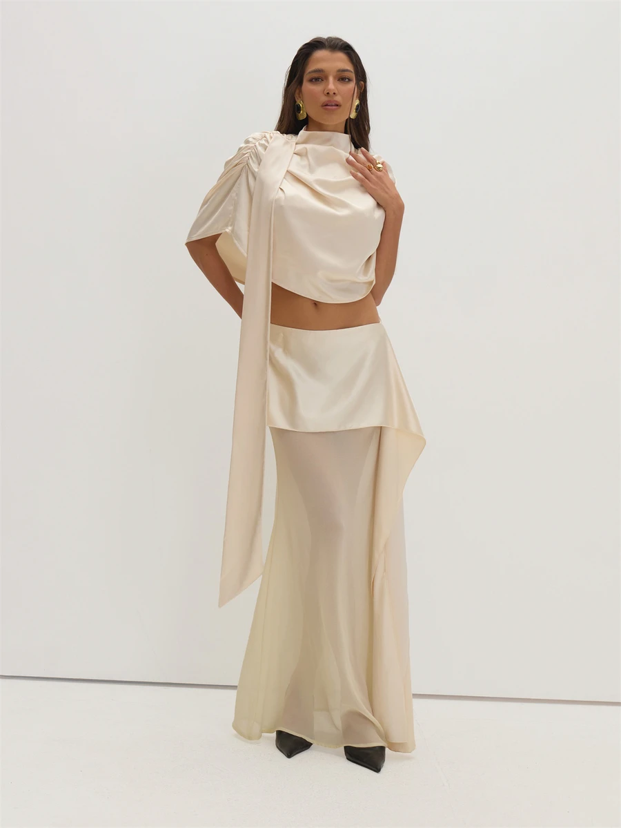 MUSEYN Rok Maxi Asimetris Model Ekor Ikan dari Satin Krem dan Gorganza, Elegan untuk Kencan Malam, Chic, dan Musim Gugur. - Krem - View 1