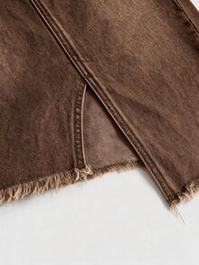 SHEIN MOD Women's Denim Skirt, Casual And Sexy With A Front Slit And Asymmetrical Hem, Blue. - Brown - View 3