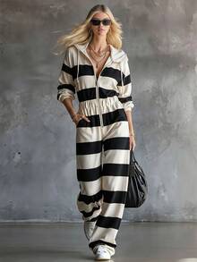 SHEIN Women Fall Winter Striped Hooded Jumpsuit Long Sleeve Zip Up Drawstring Waist Wide Leg Ribbed Lounge Casual Travel Sweat Jumpsuit With Pockets - Black and White - View 4