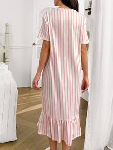 Moonlight&Mama Women's Casual Pink & White Striped Button Front Crew Neck Pullover Maternity Long Nightgown - Multicolor - View 2