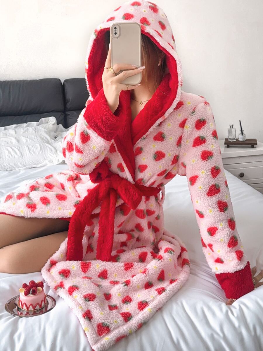 SHEIN Strawberry Tie Sweet Winter Robe Loungewear - Multicolor - View 1
