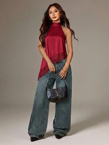 SHEIN PETITE 不對稱高領掛脖上衣，蕾絲飾邊，晚宴派對雞尾酒會正式優雅無袖款 - 玫瑰紅 - 查看 6