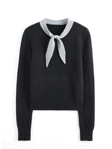 Elamini Women's Loose Casual Colorblock Collar Daily Commute Cute Outfit Autumn Winter Pullover Sweater - Black - View 1
