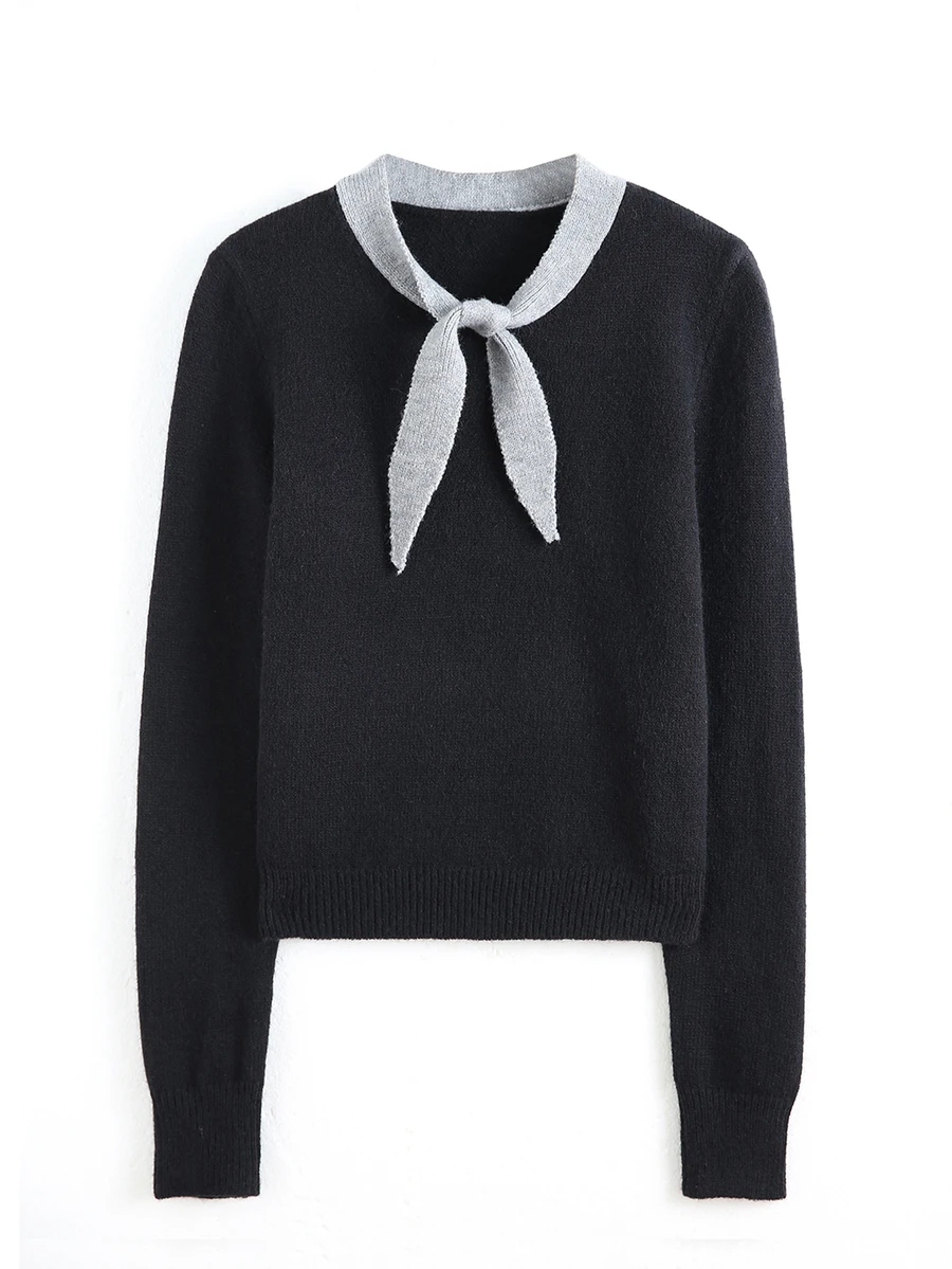 Elamini Women's Loose Casual Colorblock Collar Daily Commute Cute Outfit Autumn Winter Pullover Sweater - Black - View 1