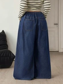 Flexra Festival Plus Size Women Blue Non-Stretch Loose Sexy Wide Leg Denim Jeans - Dark Wash - View 2