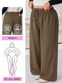 Solflare Plus Size Casual Drawstring Waist Loose Pants For Daily Wear - Coffee Brown - View 1