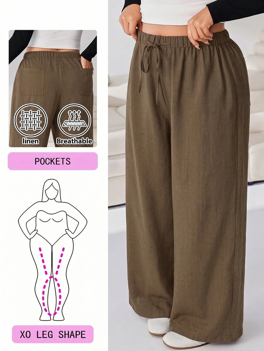 Solflare Plus Size Casual Drawstring Waist Loose Pants For Daily Wear - Coffee Brown - View 1