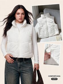 Comfortcana Plus Size Casual Stand Collar Black Padded Vest In Fall/Winter - Beige - View 5