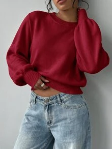 SHEIN BASICS 女款純色極簡長袖針織衫，舒適適合日常穿著 - 酒紅色 - 查看 4