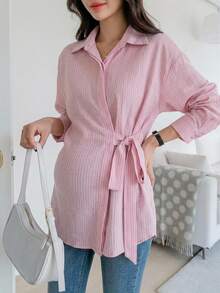 DAZY Striped Loose Long Sleeve Lapel Tie Casual Vacation Korean Style Autumn Winter Maternity Blouse - Pink - View 4