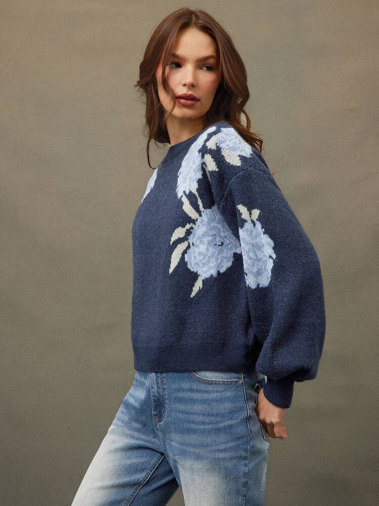 WESTFADE Floral Jacquard Boatneck Long Sleeve Knit Sweater, Fall, Autumn, Winter, Female Country Look, Cowgirl Clothing For Women, Western, Brunch - Navy Blue - View 2