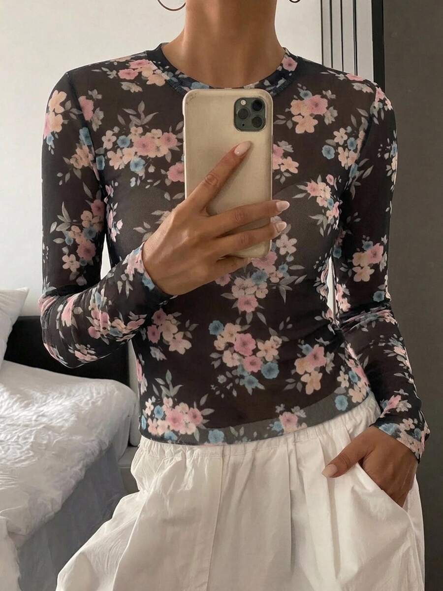 DAZY 女款法式花卉印花長袖圓領上衣 - 黑色 - 查看 1