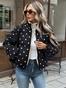 Serisse Women's Polka Dot Pattern Long Sleeve Zipper Front Casual Winter Jacket - Black - View 4