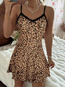 SHEIN Baju Tidur Wanita Motif Macan Tutul Kerah V dengan Hiasan Pita Belakang dan Ruffle - Unta - View 4